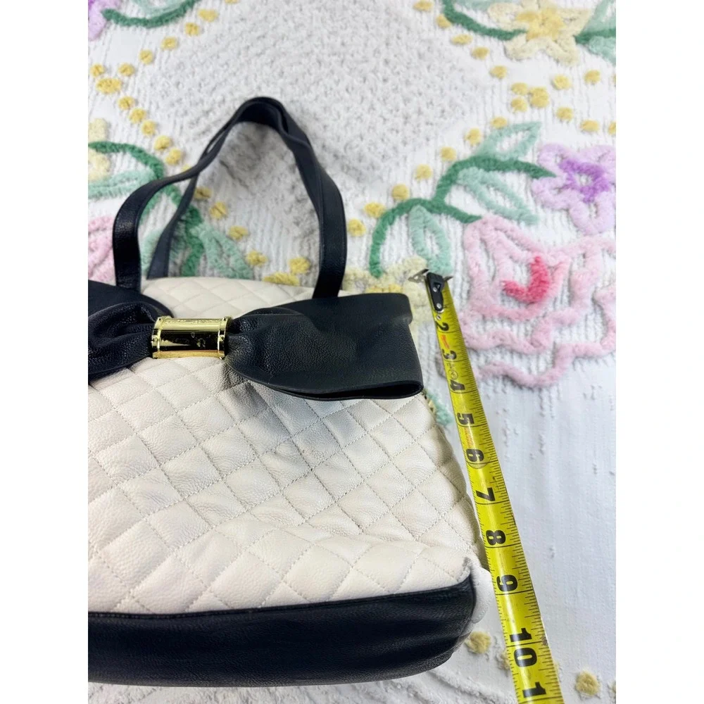 Betsey Johnson Quilted Satchel Bag Cream Black Bow Gold Hardware Medium Tote